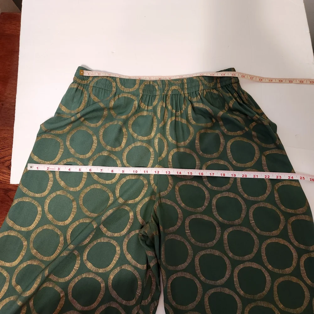 Utsa Green Wide-Leg Palazzo Pants with‎ Gold Circle Pattern